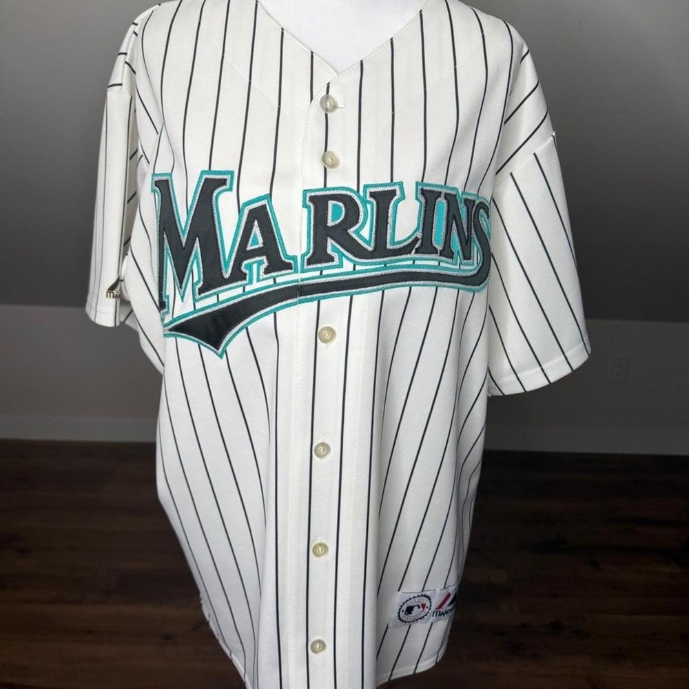 Vintage Majestic Florida Miami Marlins Delgado #25 Pinstripe Baseball Jersey Y2K